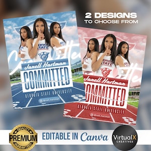 Könnte beinhalten: Zwei Postermotive mit drei Frauen in Sportkleidung. Die Poster zeigen den Text "COMMITTED" und "Georgia State University". Ein Design hat einen blauen Hintergrund, das andere einen roten Hintergrund. Das Bild enthält auch den Text "2 DESIGNS TO CHOOSE FROM".