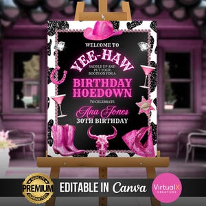 Pink Cowgirl Hoedown Birthday Party Welcome Sign, Glam Country Western Bday Signage, Cowboy Party Backdrop, Rodeo Sign Template, Saddle Up