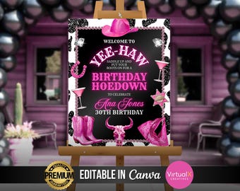 Pink Cowgirl Hoedown Birthday Party Welcome Sign, Glam Country Western Bday Signage, Cowboy Party Backdrop, Rodeo Sign Template, Saddle Up