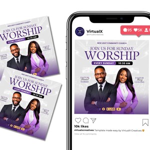 Op de afbeelding: Een paarse en witte Instagram-post die een zondagse kerkdienst in de New Light Community Church promoot. De post toont twee predikanten, een man en een vrouw, die voor een paarse achtergrond staan met de tekst "JOIN US FOR SUNDAY WORSHIP" in wit. De post bevat ook de tijd van de dienst, 10:30 uur, en de woorden "EVERY SUNDAY".