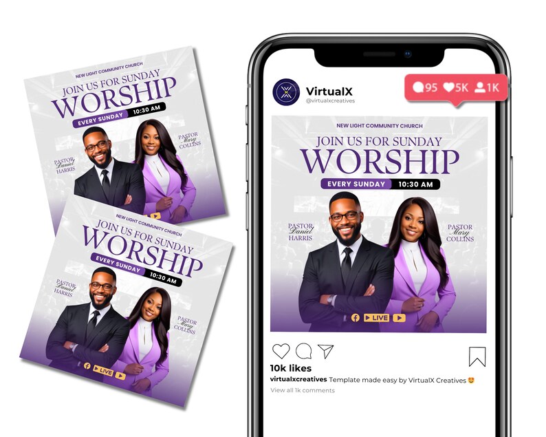 Op de afbeelding: Een paarse en witte Instagram-post die een zondagse kerkdienst in de New Light Community Church promoot. De post toont twee predikanten, een man en een vrouw, die voor een paarse achtergrond staan met de tekst "JOIN US FOR SUNDAY WORSHIP" in wit. De post bevat ook de tijd van de dienst, 10:30 uur, en de woorden "EVERY SUNDAY".