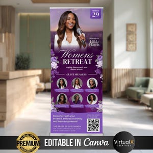 May include: A vertical banner for a Women's Retreat, featuring a woman with a microphone. The banner is predominantly purple with floral accents and the text "Women's Retreat." It includes guest speaker photos, event details, and a QR code.