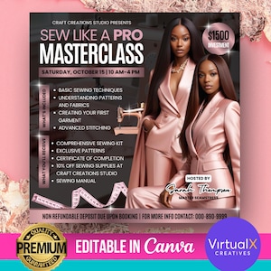 Könnte beinhalten: Ein rosa-weißer Flyer, der eine "Nähen wie ein Profi Masterclass" am Samstag, den 15. Oktober von 10:00 bis 16:00 Uhr bewirbt. Der Flyer zeigt zwei Frauen in rosa Anzügen und den Text "1500 € Investition".