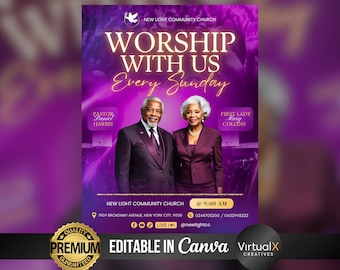 Sunday Worship Service, Purple Church Event Flyer, Christian Church Invitation, Editable Modern Church Flyer, Bible Study Poster, DIY Canva