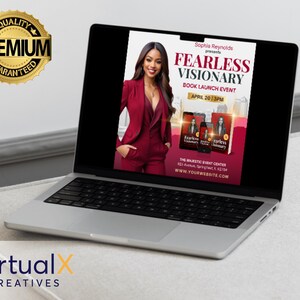 May include: A laptop computer screen showing a book launch event flyer for "Fearless Visionary" by Sophie Reynolds. The flyer features a woman in a red suit and the event details, including the date and time. The laptop is on a white surface.