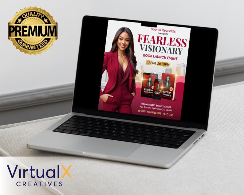 May include: A laptop computer screen showing a book launch event flyer for "Fearless Visionary" by Sophie Reynolds. The flyer features a woman in a red suit and the event details, including the date and time. The laptop is on a white surface.