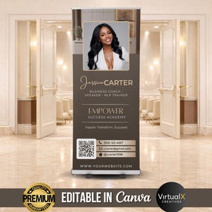 Bannière de coach d'affaires, bannière d'événement conférencier, conception de formateur PNL, plaque de bienvenue, modèle de bannière pop-up rétractable de marque personnelle