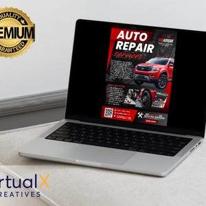 May include: A laptop displaying an advertisement for auto repair services. The ad features a red SUV, the text "AUTO REPAIR SERVICES," and a QR code. A gold "QUALITY PREMIUM GUARANTEED" seal is in the upper left corner.