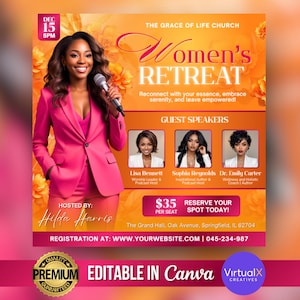 Puede incluir: Un cartel promocional para un Retiro de Mujeres, con una mujer con un traje rosa sosteniendo un micrófono. El cartel incluye el nombre del evento, la fecha, la hora, los oradores invitados y la información de contacto. El fondo es naranja con detalles florales.