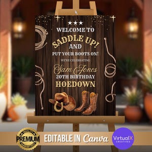 Western Hoedown Birthday Party Welcome Sign, DIY Saddle Up and Put Your Boots On Bday Signage, Cowboy Party Backdrop, Rodeo Signage Template