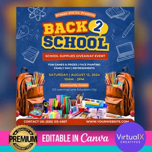 Rentrée scolaire, collecte de fournitures pour la rentrée scolaire, modèle de flyer modifiable Canva, sac à dos à gagner, événement communautaire, famille et amis