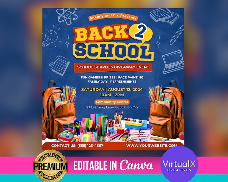Back to School Event, Back to School Supply Drive, Canva Editable Flyer Template, Backpack