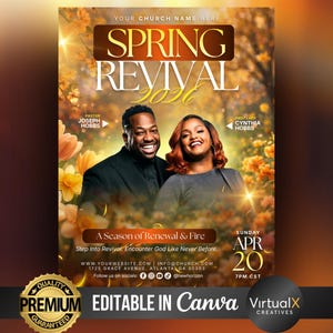 May include: A promotional flyer for a Spring Revival event. The design features a couple smiling, with text overlayed: "Spring Revival 2026." Additional text includes event details, date, time, and the phrase "A Season of Renewal & Fire."