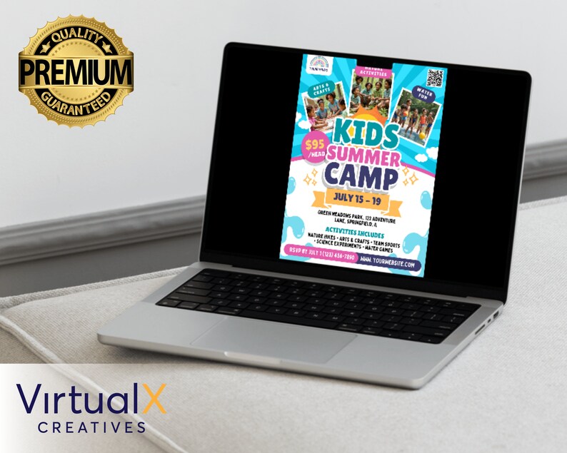May include: A colorful flyer for a kids summer camp. The flyer has a blue background with white clouds and a rainbow. The text on the flyer says "Kids Summer Camp" and "July 15-19". The flyer also includes a list of activities, such as arts and crafts, team sports, and science experiments.