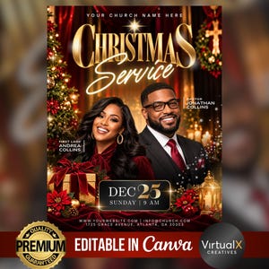 Puede incluir: Un folleto de servicio navideño con un hombre y una mujer en traje formal, texto dorado que dice Christmas Service y la fecha Dec 25 Sunday 9 AM. El fondo incluye un árbol de Navidad decorado, cortinas de terciopelo rojo y un farol dorado.