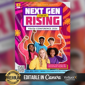May include: A promotional poster for a youth conference. The poster features the text "NEXT GEN RISING" in large, bold letters, with the date "03 FEB" at the top. The poster includes images of young people and the text "YOUTH CONFERENCE 2026".
