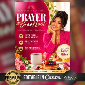 May include: A digital flyer for a Prayer Breakfast event featuring a magenta background, a smiling person in a pink blazer, and text including Prayer Breakfast, Sept 20th 10:00 AM CST, Grace Center, 1725 Grace Avenue, Atlanta, GA 30303, and $30 Admission.