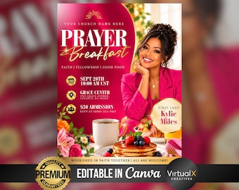 Volantino per la colazione di preghiera, modello di invito per il brunch della chiesa, evento del ministero femminile, modificabile in Canva