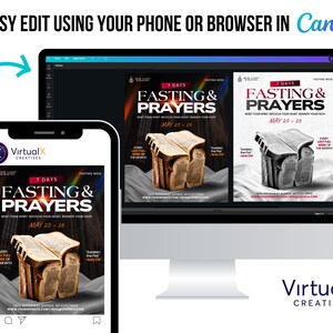 May include: A digital graphic design promoting a fasting and prayer event. The design features the text "FASTING & PRAYERS" with the dates "MAY 20-26" and is displayed on a phone, a computer screen, and a monitor. The design is easy to edit using a phone or browser in Canva.