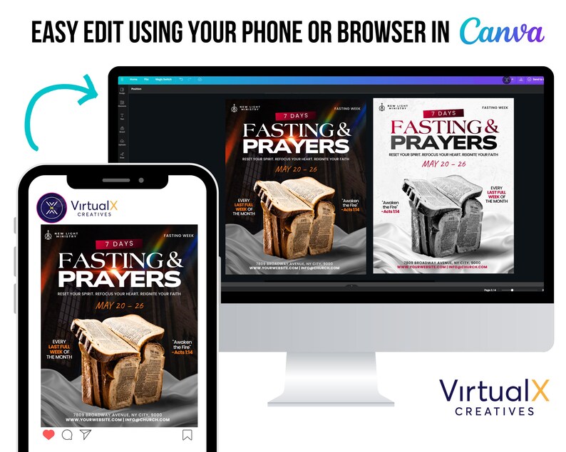 May include: A digital graphic design promoting a fasting and prayer event. The design features the text "FASTING & PRAYERS" with the dates "MAY 20-26" and is displayed on a phone, a computer screen, and a monitor. The design is easy to edit using a phone or browser in Canva.