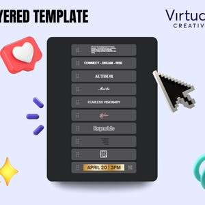 Puede incluir: Una plantilla de dise&ntilde;o digital con el texto "LAYERED TEMPLATE" en la parte superior. La plantilla presenta un dise&ntilde;o rectangular gris oscuro con texto y un c&oacute;digo QR. Tambi&eacute;n hay un icono de coraz&oacute;n rojo, c&aacute;psulas azules y estrellas amarillas.