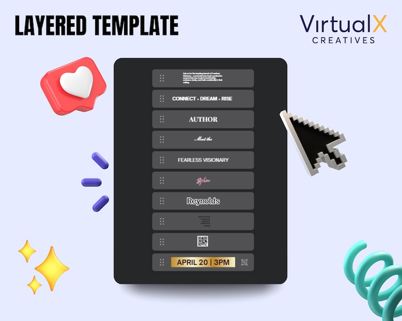 Puede incluir: Una plantilla de dise&ntilde;o digital con el texto "LAYERED TEMPLATE" en la parte superior. La plantilla presenta un dise&ntilde;o rectangular gris oscuro con texto y un c&oacute;digo QR. Tambi&eacute;n hay un icono de coraz&oacute;n rojo, c&aacute;psulas azules y estrellas amarillas.
