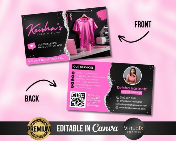 Pink Craft Business Card, Creative Small Business Cards, Premade Handcrafted Call Card, DIY Tumbler T-Shirt Printing Marketing Card Template