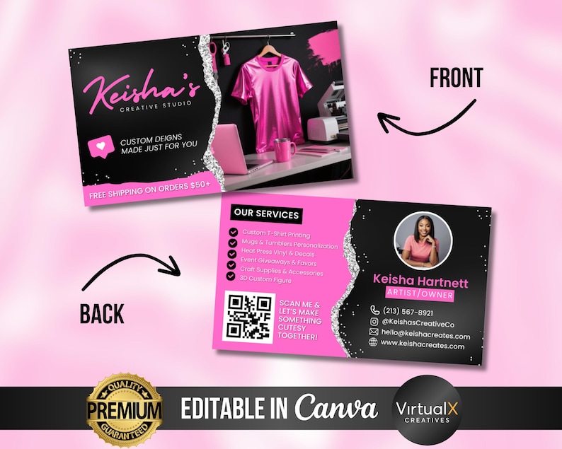May include: Business card design for Keisha's Creative Studio. The front features the studio's name in pink script on a black background with a pink heart icon. The back includes a QR code and contact information. Services include custom t-shirt printing and event giveaways.