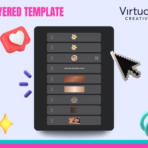 K&ouml;nnte beinhalten: Ein mehrschichtiges Design-Template auf einem Computerbildschirm. Das Template hat einen dunkelgrauen Hintergrund mit wei&szlig;em Text und Symbolen. Die Symbole beinhalten ein Herz, eine Blume, ein Prozentzeichen, eine Lotusblume und eine Person. Der Text lautet "Buchen Sie Ihren Termin noch heute".
