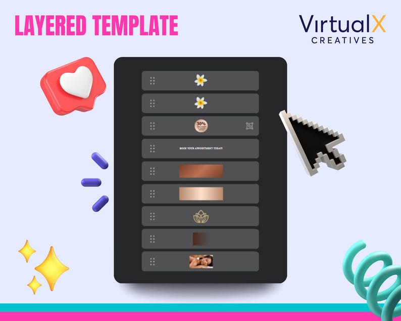 K&ouml;nnte beinhalten: Ein mehrschichtiges Design-Template auf einem Computerbildschirm. Das Template hat einen dunkelgrauen Hintergrund mit wei&szlig;em Text und Symbolen. Die Symbole beinhalten ein Herz, eine Blume, ein Prozentzeichen, eine Lotusblume und eine Person. Der Text lautet "Buchen Sie Ihren Termin noch heute".