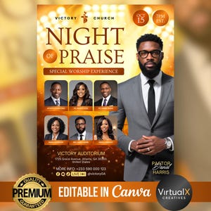 May include: A promotional poster for a church event, featuring the text "Night of Praise" and portraits of several individuals. The poster includes the date, time, and location of the event, along with the church's logo and the phrase "Special Worship Experience."