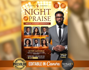 May include: A promotional poster for a church event, featuring the text "Night of Praise" and portraits of several individuals. The poster includes the date, time, and location of the event, along with the church's logo and the phrase "Special Worship Experience."
