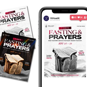 May include: A promotional image for a religious event, featuring the text "Fasting & Prayers" in red and white. The image includes a smartphone displaying the same graphic, along with a stack of printed flyers. The event is scheduled for May 20-26.