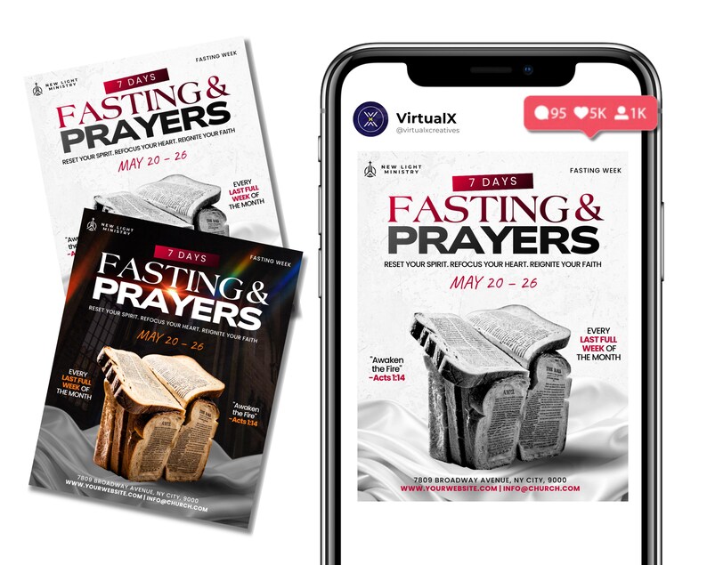 May include: A promotional image for a religious event, featuring the text "Fasting & Prayers" in red and white. The image includes a smartphone displaying the same graphic, along with a stack of printed flyers. The event is scheduled for May 20-26.