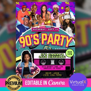 90s Birthday Party Flyer, Retro Birthday Party, House Party Invite, DIY Canva Template, 90s Night Event Flyer, 90&#39;s Hiphop Dance Party Flyer