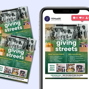 May include: A flyer for a charity event called "Giving Back to the Streets". The flyer features a group of children in a line, with a box of donations in front of them. The flyer includes information about what to donate and how to help. The event will take place on July 15th, 2025.