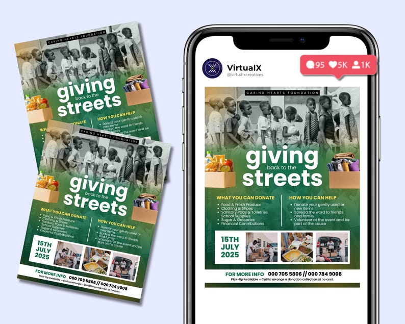 May include: A flyer for a charity event called "Giving Back to the Streets". The flyer features a group of children in a line, with a box of donations in front of them. The flyer includes information about what to donate and how to help. The event will take place on July 15th, 2025.