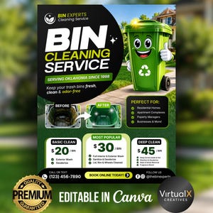 Trash Bin Cleaning Service Flyer,  Junk Hauling, Garbage Removal, Pressure Washing, Canva Template (Digital Download)
