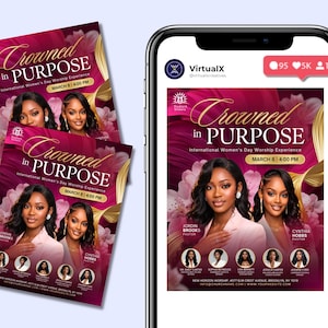 May include: A digital flyer for a Crowned in Purpose International Women's Day Worship Experience event, featuring two women in pink blazers, floral accents, and event details including the date March 8 at 4:00 PM, displayed on a smartphone screen.