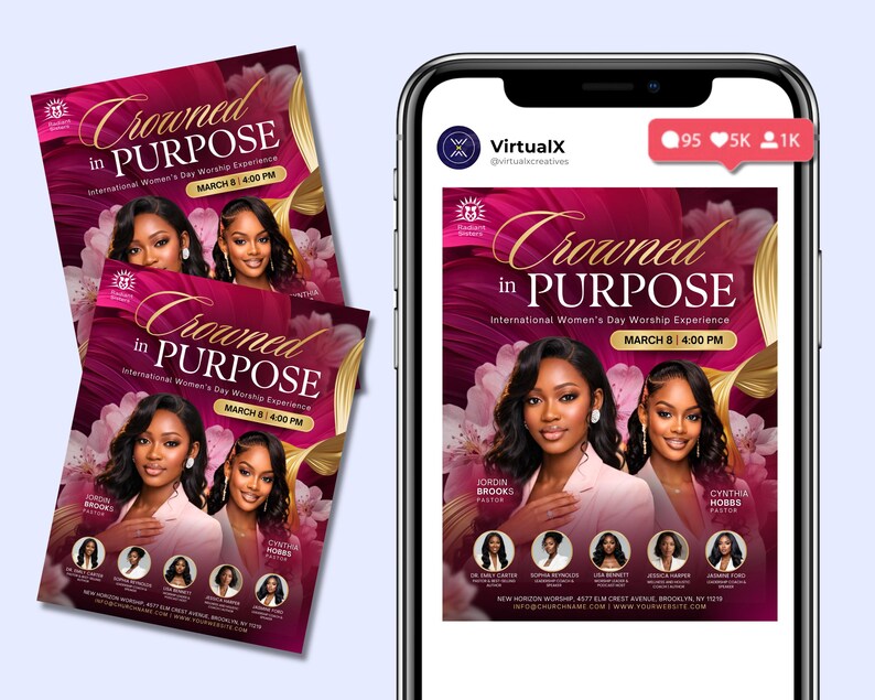 May include: A digital flyer for a Crowned in Purpose International Women's Day Worship Experience event, featuring two women in pink blazers, floral accents, and event details including the date March 8 at 4:00 PM, displayed on a smartphone screen.