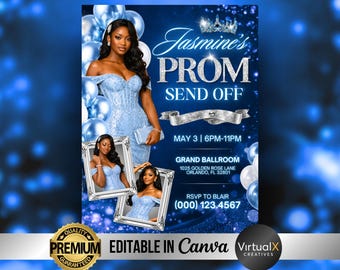Prom Send Off Invitation Template, Blue Silver Glam Prom Flyer, Luxury Party Invitation, Editable Black Girl Send Off Canva Digital Invite