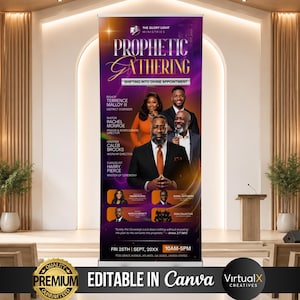 May include: A vertical retractable banner for a Prophetic Gathering event. The purple and gold design features portraits of speakers, event details, and the text: Prophetic Gathering, Shifting Into Divine Appointment, Fri 25th Sept, 20XX, 10AM-5PM.