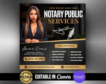 Folleto de servicios notariales, folleto de marketing para notarios, negocio de notarios, servicio de notario móvil, firma de préstamos ante notario, diseño de plantilla de Canva para hacerlo tú mismo
