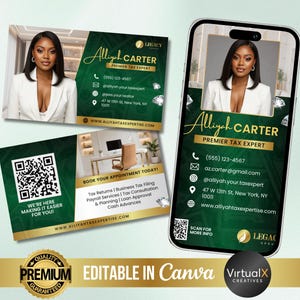 Può includere: Design di biglietto da visita con una donna professionista in un blazer bianco. Le carte hanno uno schema di colori verde e oro con il testo "Alliyah Carter, Premier Tax Expert". Vengono visualizzati anche un codice QR e le informazioni di contatto.