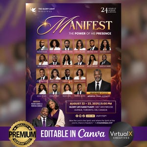 Peut inclure: Une affiche d'événement violette et dorée avec le texte "MANIFEST" et "THE POWER OF HIS PRESENCE". Elle présente des photos des intervenants, les détails de l'événement et la phrase "EDITABLE IN Canva."