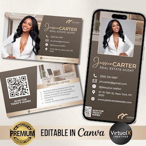 Op de afbeelding: Visitekaartjes en een smartphone tonen de contactgegevens van een makelaar. De kaarten tonen een foto van een vrouw in een witte blazer, de naam "Jessica Carter" en contactgegevens. Het telefoonscherm weerspiegelt het kaartontwerp. De kaarten bevatten ook een QR-code.