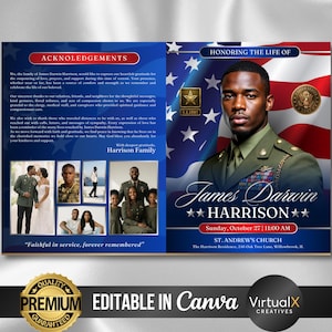 May include: A memorial service program with a portrait of James Darwin Harrison in a military uniform, set against an American flag backdrop. The design includes text, photos, and the words "Honoring the Life Of". The program is designed to be edited in Canva.