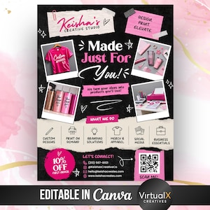 May include: A promotional flyer for Keisha's Creative Studio featuring a black background with pink accents. It displays photos of custom apparel, tumblers, and printing equipment. Text includes Made Just For You, service categories, contact details, and a QR code.