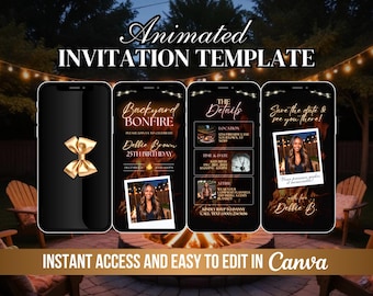 Backyard Bonfire Invitation, Editable Bonfire Birthday Party Invite, Digital Backyard BBQ Video, Modern Smores Outdoor Night Animated