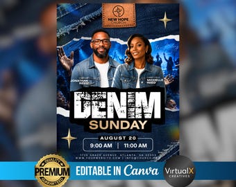 Denim Sunday Flyer, Youth Template, Casual Worship Service Event Marketing Poster, Editable Church Gathering Invitation Promotion, DIY Canva